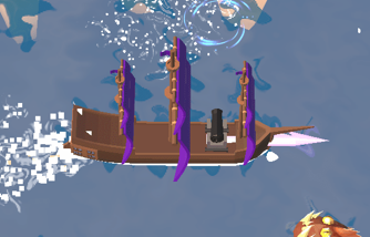 un bateau pirate en 3D navigue sur l'eau, vu de haut