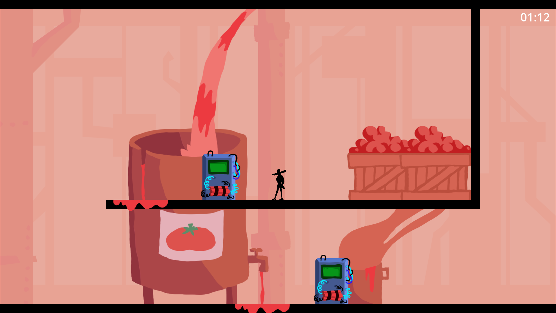 Capture d'écran du jeu platformer 2D, on voit une silhouette noire, deux bombes, une cuve de sauce tomate et des caisses de tomates
