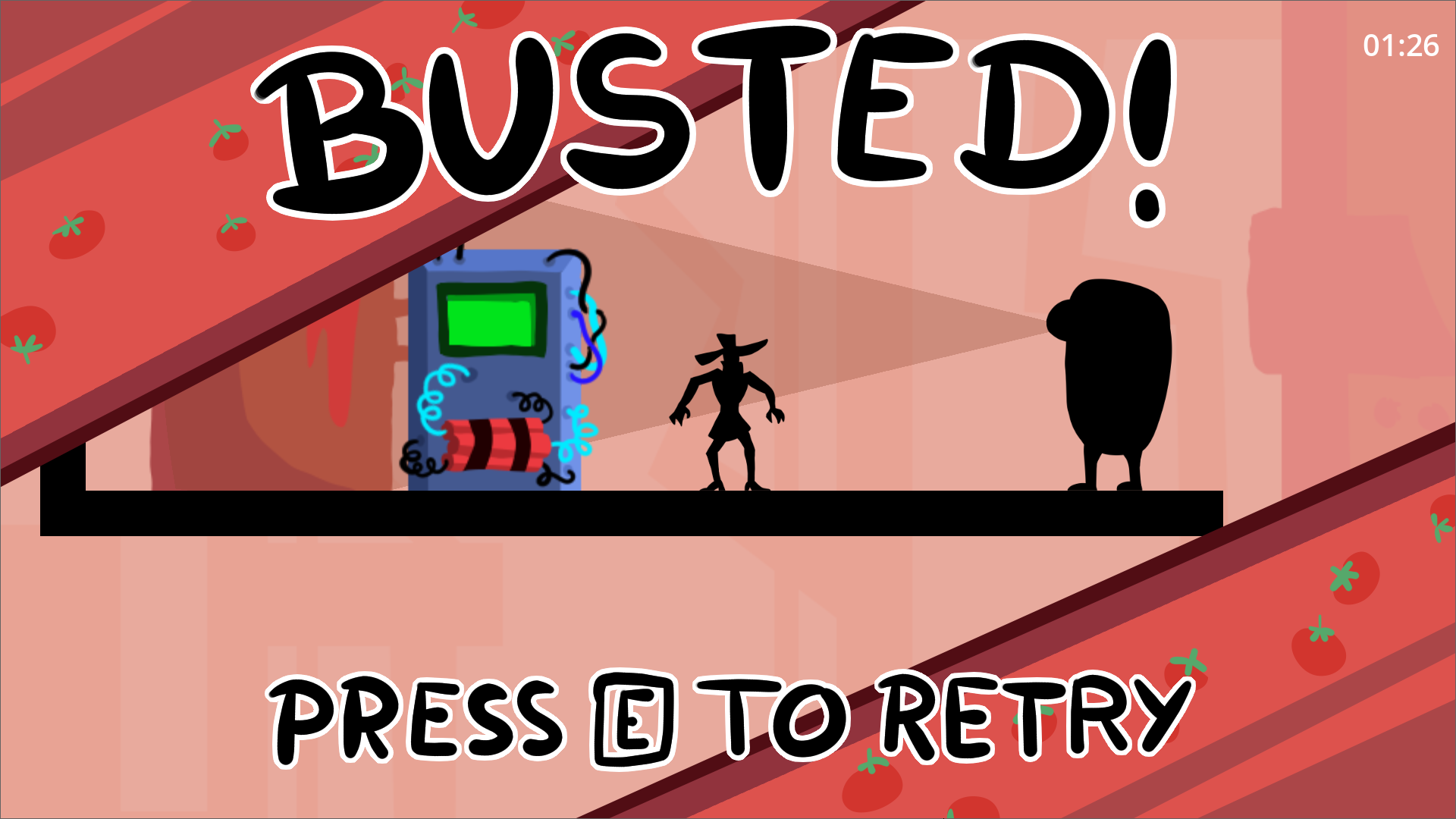 Capture d'écran de la fin du jeu, le personnage est repéré par un ennemi, on peut lire busted! press e to retry