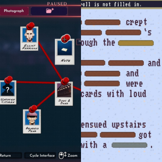 deux captures d'écran de jeux vidéo : on voit un tableau de détective avec des illustrations reliées par du fil rouge, et un texte à trous