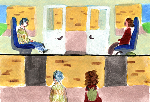 partie d'une planche de BD à l'acrylique de deux personnages qui sortent d'un train.