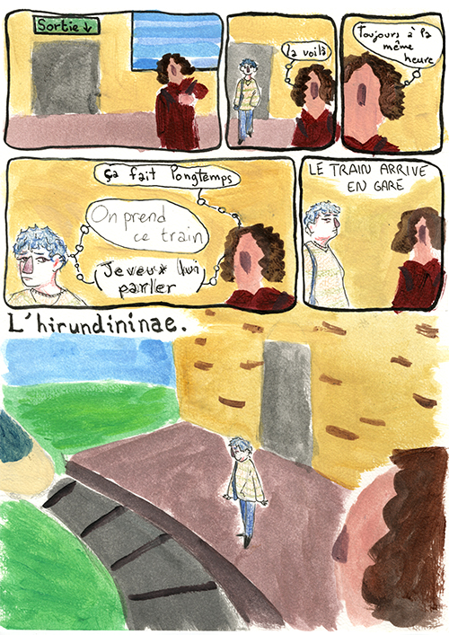 planche de BD à l'acrylique de deux personnages qui prennent le train.