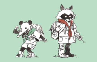 illustration d'un oppossum et un raton laveur anthropomorphiques habillés comme des scouts