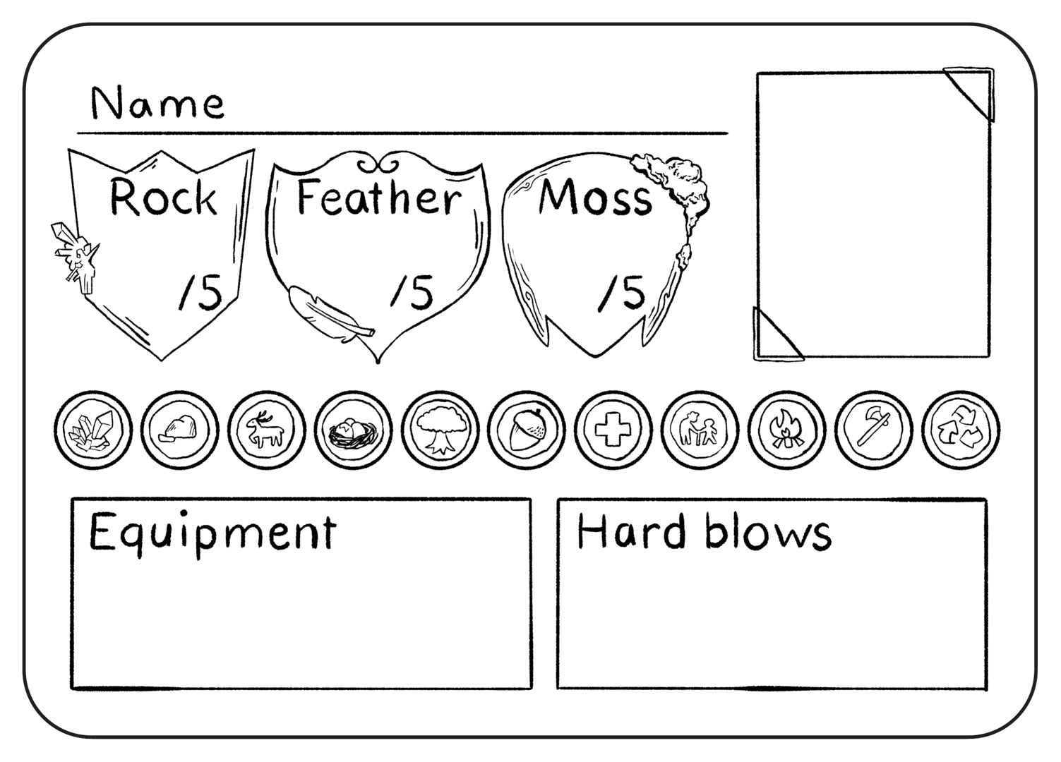 Illustration d'une fiche personnage en forme de carte de membre qui comprends les sections Name, Rock, Feather, Moss, Equipment et Hard Blows, ainsi qu'une dizaine de badges et un carré pour mettre une photo