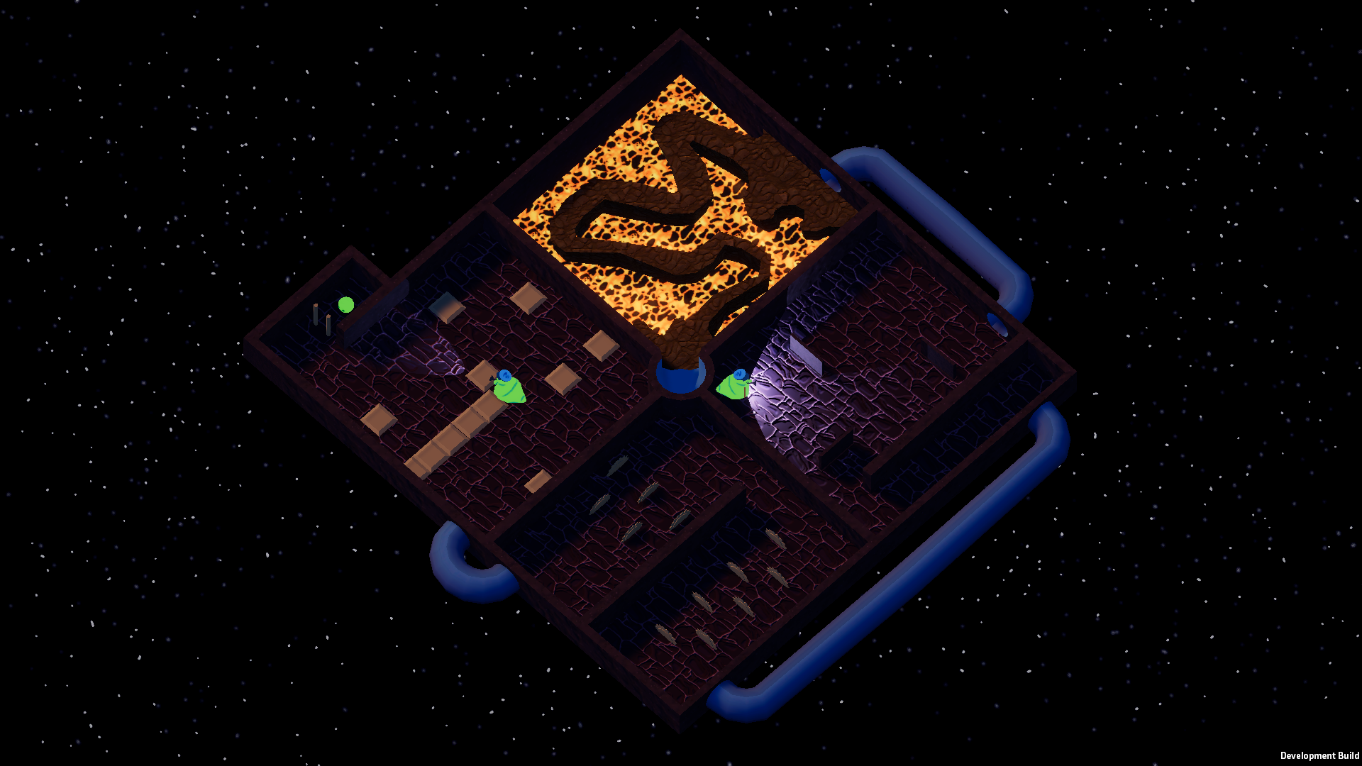 Capture d'écran du jeu en 3D vue du dessus, le jeu est séparé entre 4 pièces carrées, remplies de pièges : des limaces, des scies, de la lave...