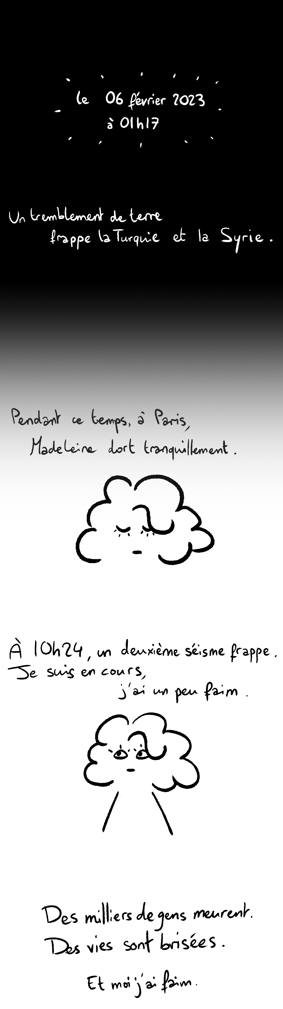 le 06 février 2023 à 01h07, un tremblement de terre frappe la Turquie et la Syrie. Pendant ce temps, à Paris, Madeleine dort tranquillement. À 10h24, un deuxième séisme frappe. Je suis en cours, j'ai un peu faim. Des milliers de gens meurent. Des vies sont brisées. Et moi j'ai faim.
